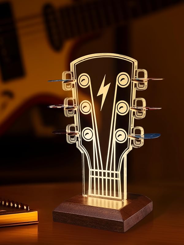 CoolGift Mart Glowing Guitar Pick Holder, Acrylic Guitar Headstock Shaped Pick Holder with Wooden Base for Picks Storage and Display, Gift for Guitar Players & Guitarists by CoolGift Mart - Image 7