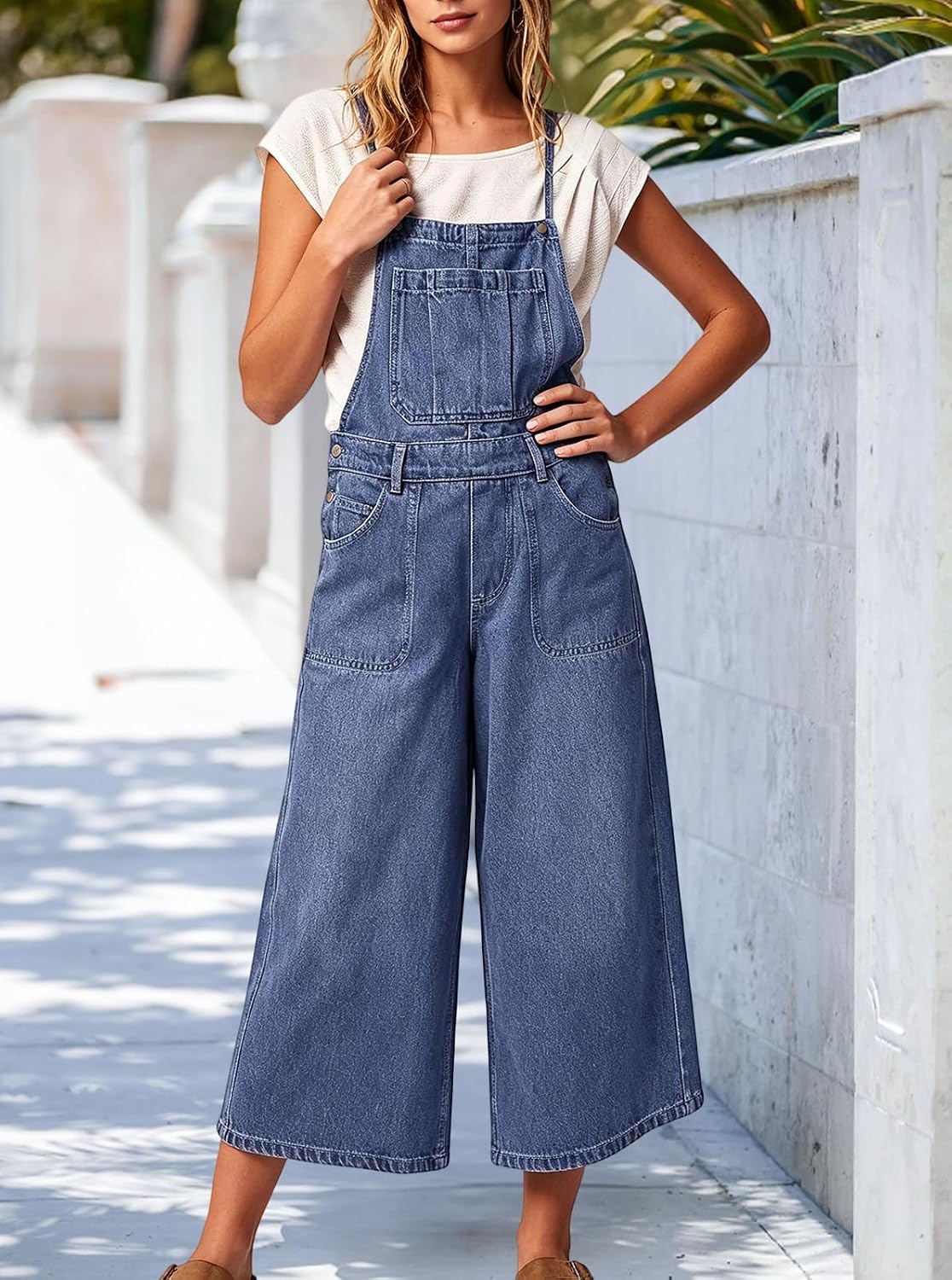 ebossy Women's Floral Denim Overalls Adjustable Spaghetti Strap Wide Leg Baggy Crop Jean Bib Jumpsuit Rompers