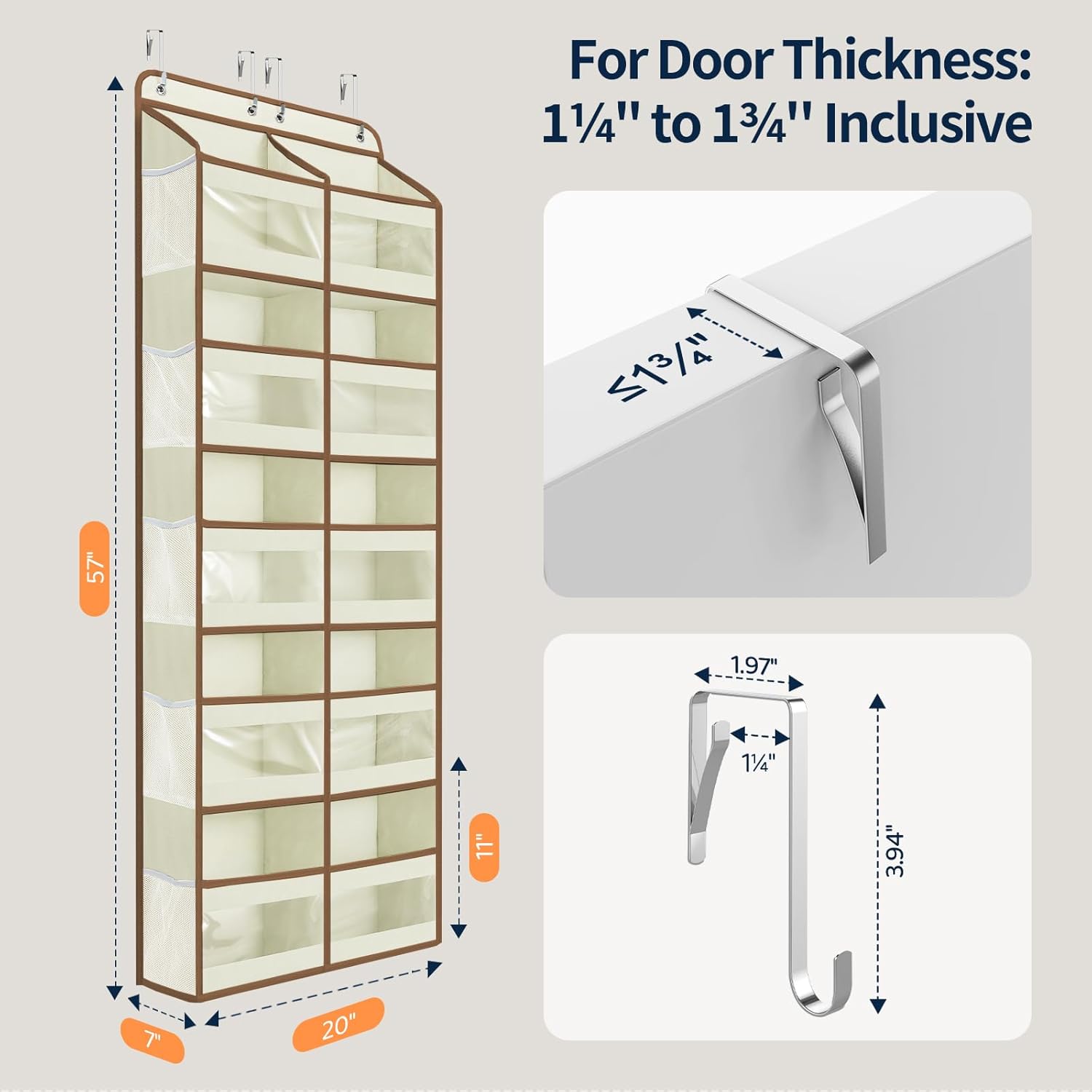 Yecaye 5-Tier Over The Door Organizer Dual-Column, 80lbs Load Over The Door Storage of 10 Compartments, Heavy Duty Extra Large Door Organizer Hanging for Bedroom Closet College Dorm Essentials, Beige - Image 7