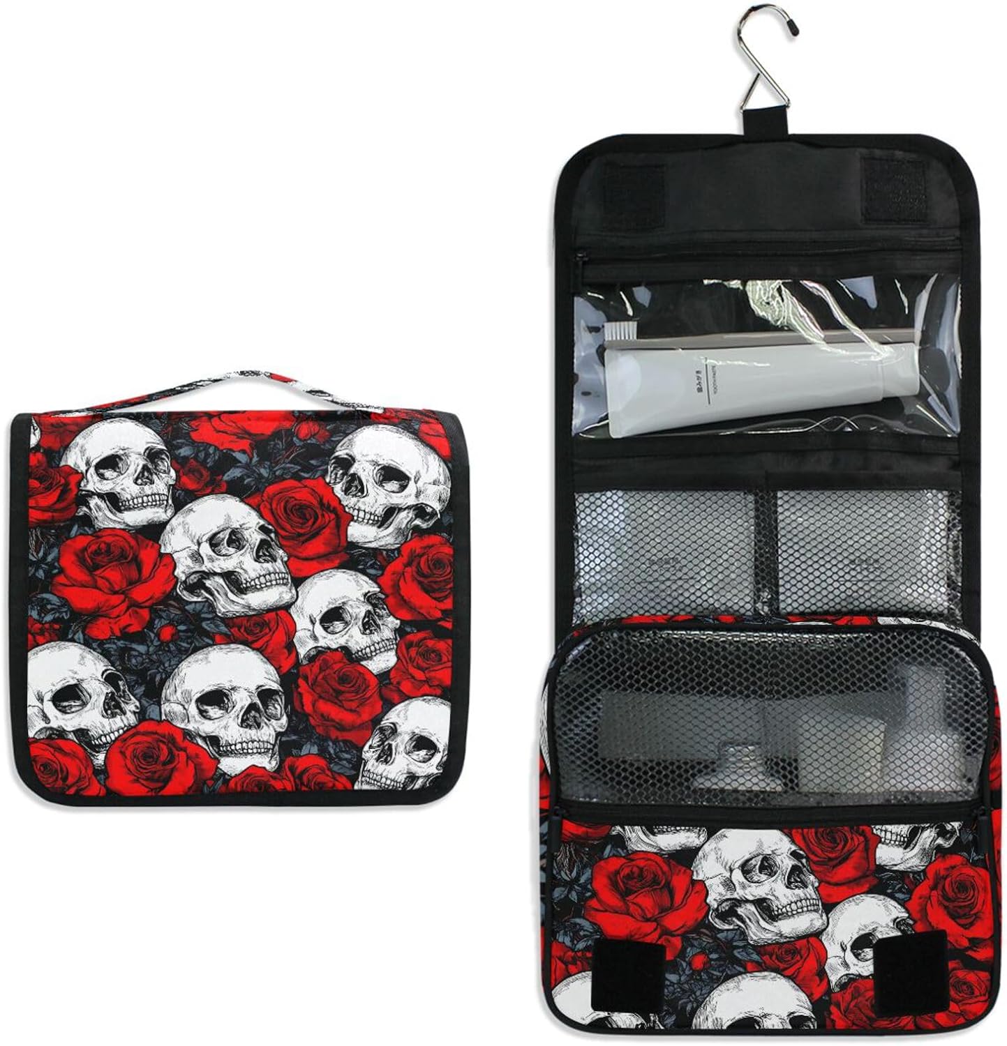 Hanging Toiletry Bag for Women Red Rose Flower Skull Makeup Bag Travel Essentials Toiletries Organizer Bag Floral Skeleton Cosmetic Bag Foldable