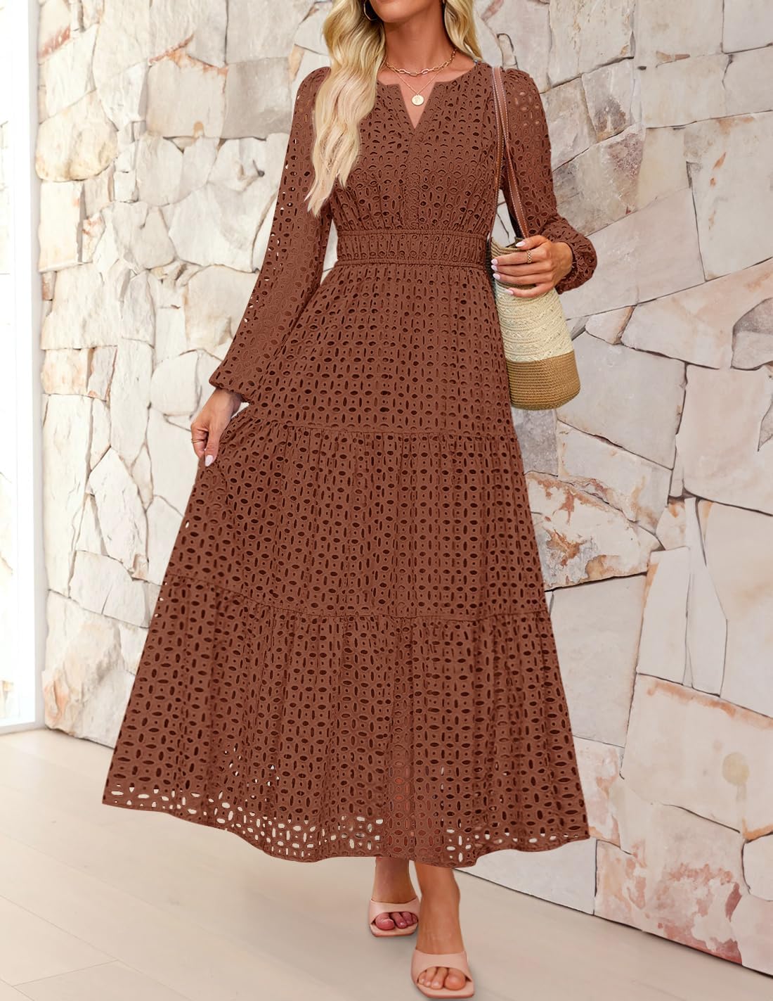 ZESICA Women's 2026 Spring Long Sleeve Maxi Dress V Neck Hollow Out Eyelet A Line Long Flowy Casual Party Dresses - Image 2