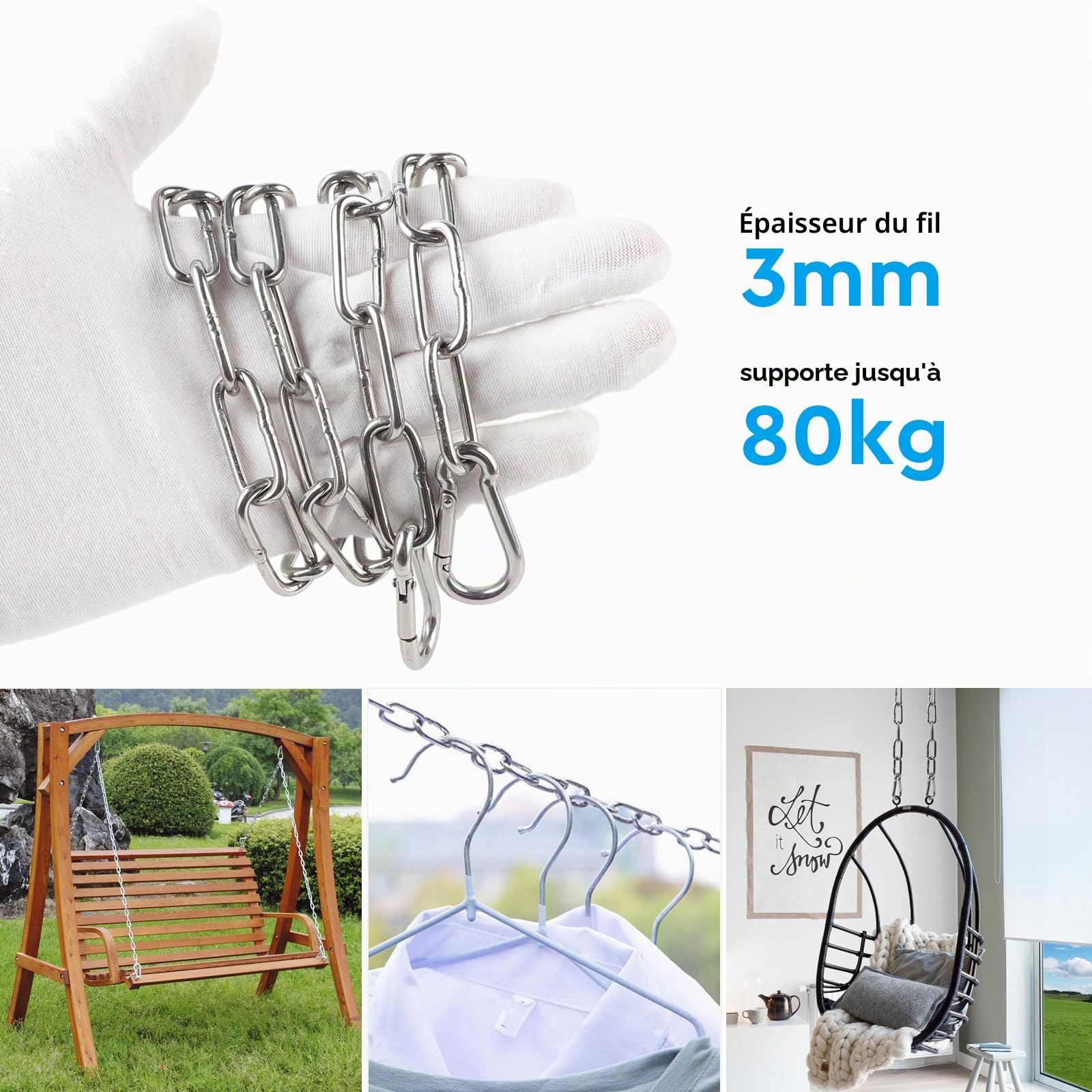 EXLECO 10 Mètre Chaîne en Acier Inoxydable 3mm Chainette avec 2 Mousquetons, Promenade, Chaîne de Chien Chaîne De Séchage Robuste Charge Chaîne D'ancrage Chaîne Balançoire, Maximale de 80KG