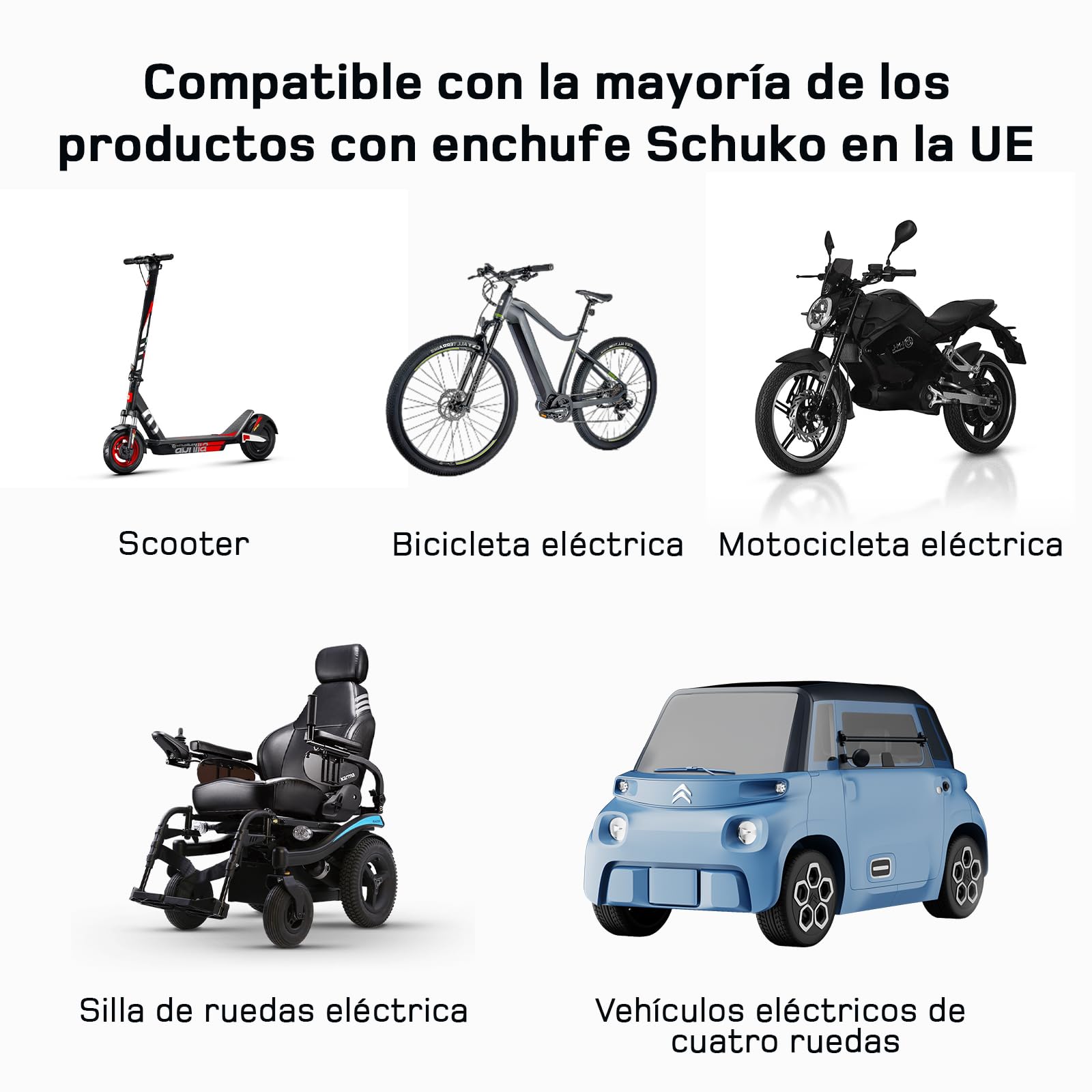 dé Adaptador Tipo 2 a Schuko 16A 0,6m Carga Fácil en estacion de Carga Coche/Wallbox 230V, IP55 para Bicicletas Eléctricas, Scooters Eléctricos y Motos No para V2L