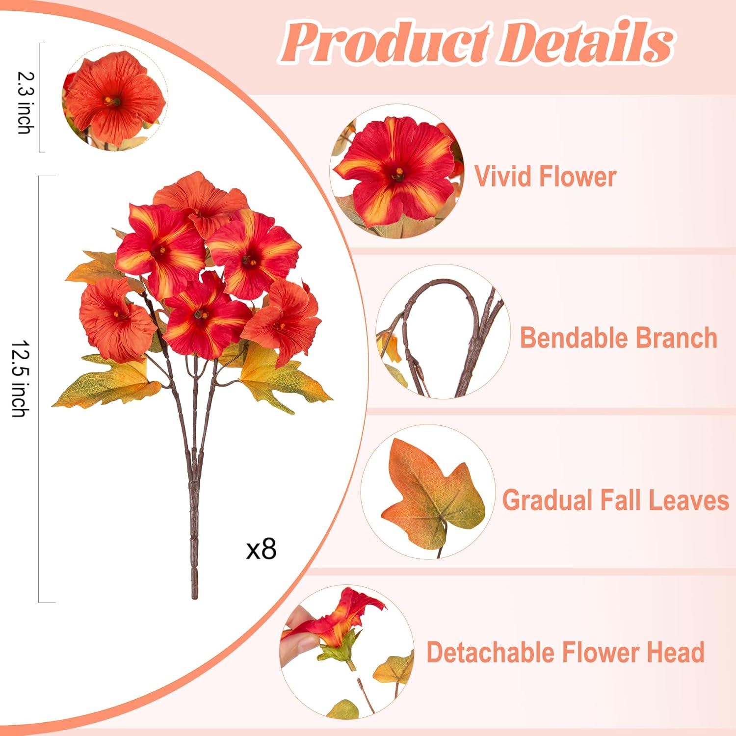 8 Bundles Fake Fall Flowers Artificial Plants for Outdoor Decorations, Faux Fall Petunias Flowers for Outside UV Resistant Realistic Planters for Garden Porch Patio Indoor Autumn Decor(Orange Red) - Image 3