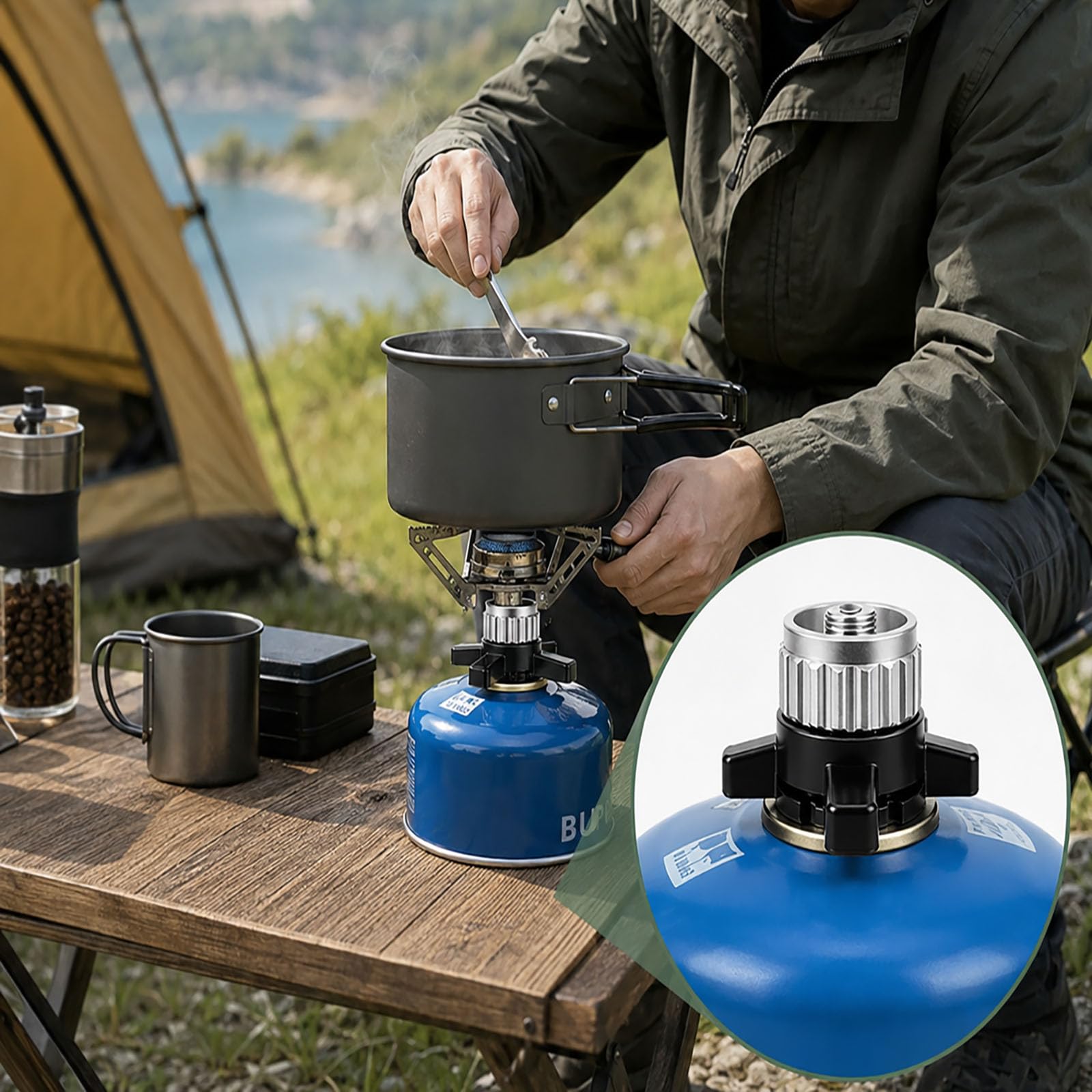 Adapter do butli gazowej kompatybilny z Campingaz CV Easy-Click/CV Gasflasc, zawór śrubowy 7/16", przyłącze gwintowane, hermetyczne połączenie ze stopu metali do kuchenek kempingowych i