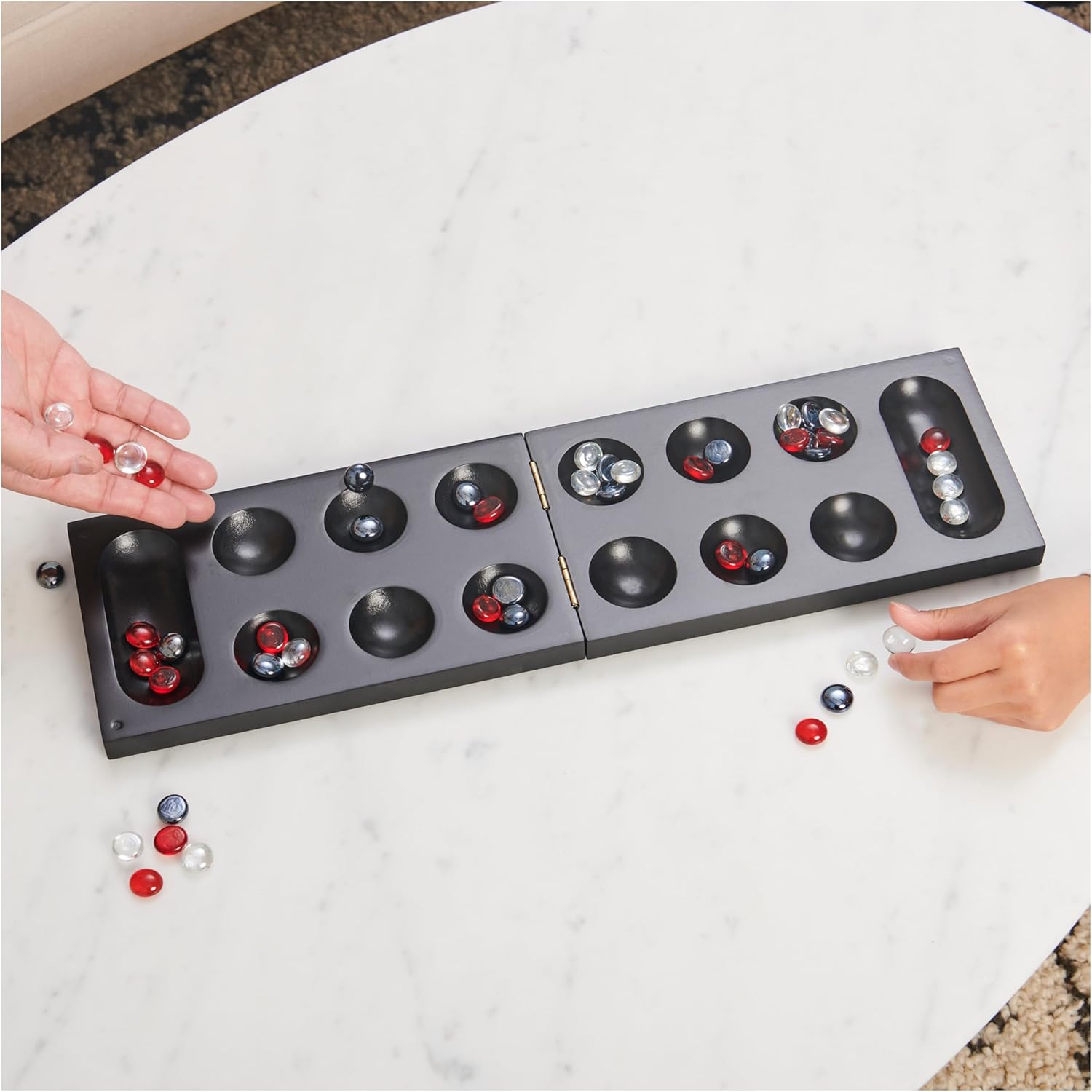 Spin Master Games, Legacy Deluxe Mancala, Classic Game with Folding Wooden Board & Colorful Glass Stones, Family Game, for Ages 8 & Up
