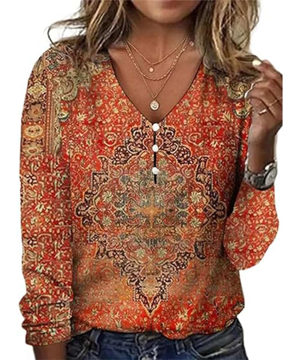 GRMLRPT Blusas de Mujer Casual Camiseta de Mujer Top Elegante de Manga Larga con Estampado Suave Ligero Cómodas Camisetas con Cuello en V para Otoño y Primavera(Multicolor,S-XXL)