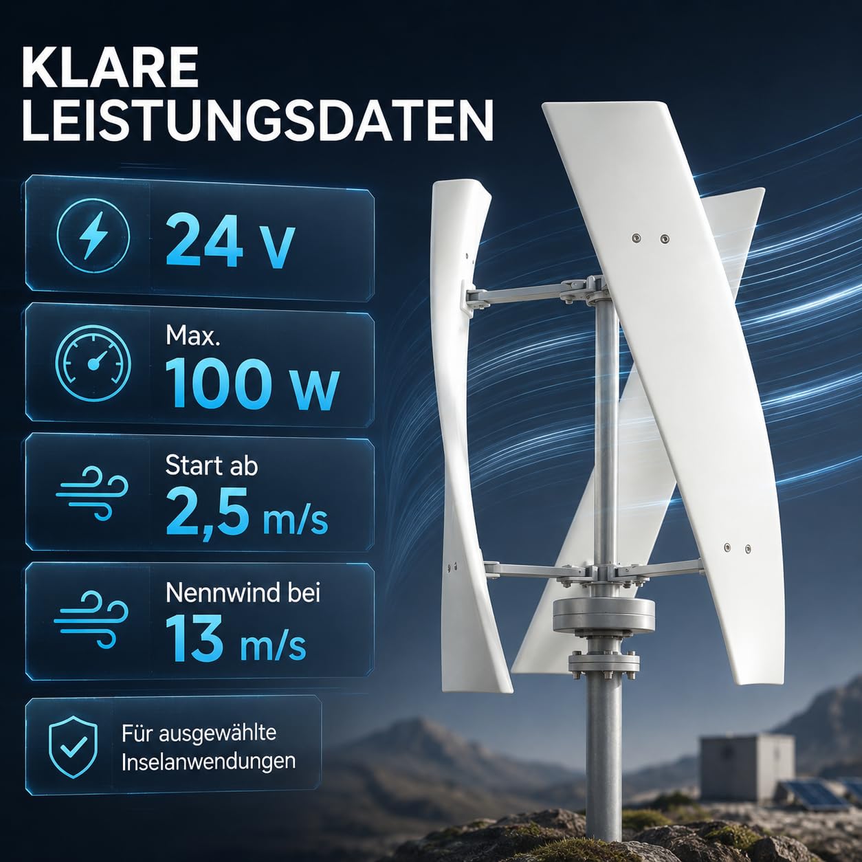 Vertikaler Windturbinen-Generator 100W 24V Windkraftanlage | Mit Permanentmagnet-Lagertung, Windturbine mit 3 Nylonfaser-Blättern und 30 dB, für Boote und Pavillons(Weiß）