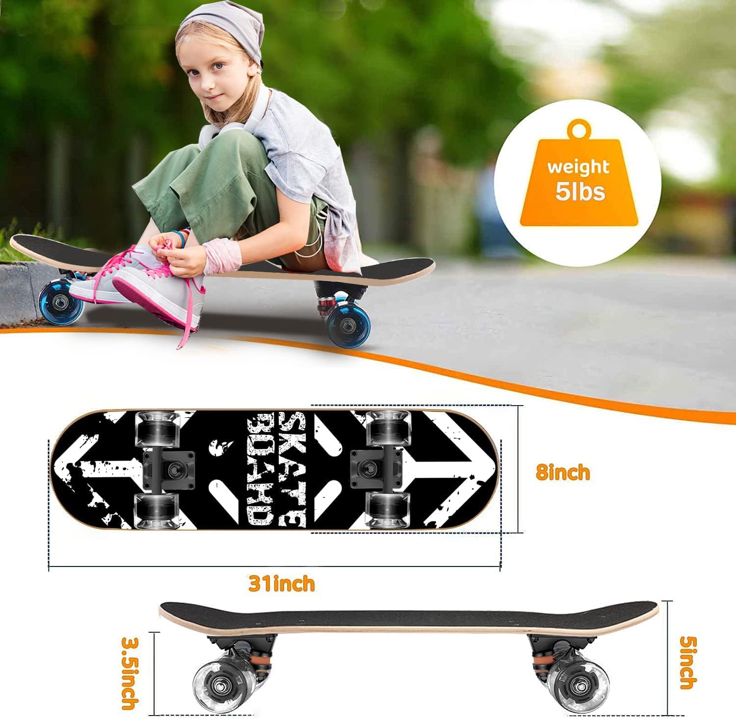 Skateboards with Colorful Flashing Wheels for Beginners,Kids,Teens,Adults, Complete Standard Skate Boards 9 Layer Canadian Maple Deck Concave Skateboard