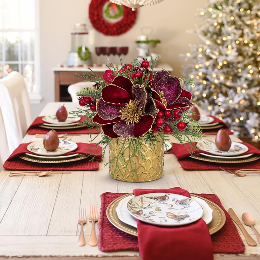 30,5 cm rote Weihnachtstischdekoration 12,7 cm glitzernde Magnolienblume und rote Beeren Tanne Grün künstliches Weihnachtsblumen-Herzstück in goldenem Keramiktopf Tischplatte Weihnachten