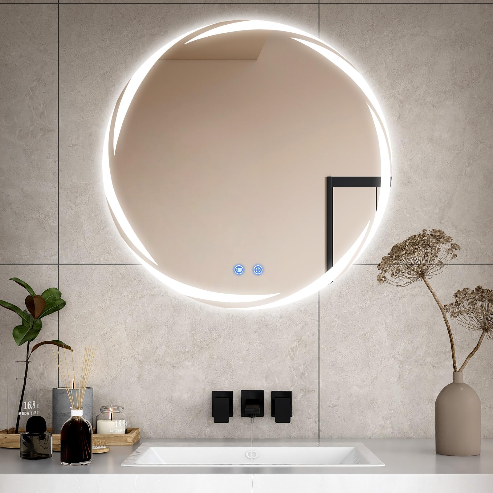 CROWNSHOP Bathroom Mirror with LED Lights 90x70cm Demister Touch Sensor | IP54 Waterproof | 5mm HD Explosion-Proof Glass | Detachable Plug | Memory Lighting Horizontal/Vertical Mount