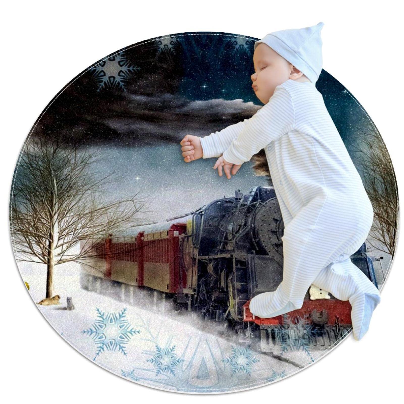 Alfombra de área de juego para niños diseño Christmas tren retro nieve 80x80cm