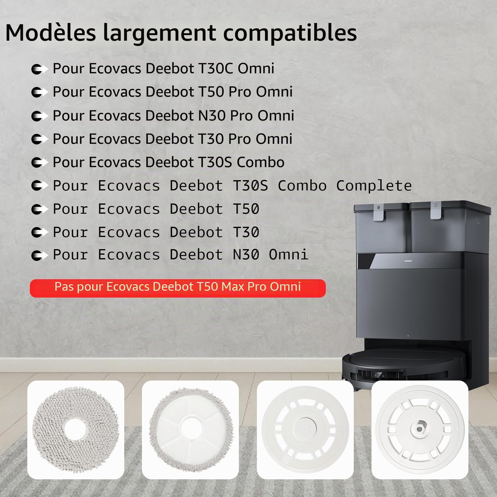 Lingettes avec support accessoires pour Ecovacs Deebot T30C Omni,T50 Pro Omni,N30 Pro Omni,T30 Pro Omni,T30S Combo,T50 Pro Omni Gen2,T50 Max Pro Omni Gen2,T30e Omni aspirateur