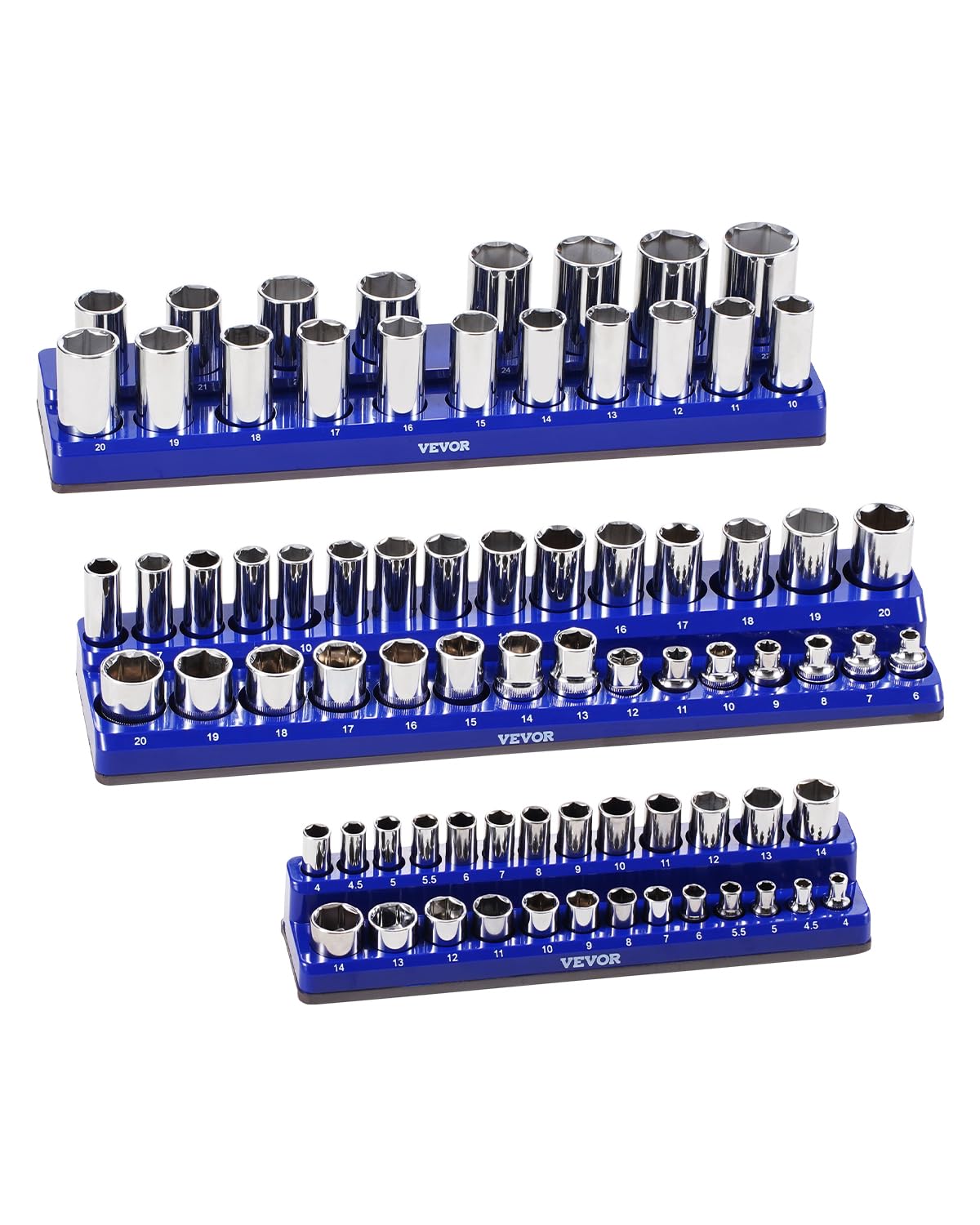 VEVOR Kit Organisateurs Douilles Magnétiques, Lot de 3, Plateaux de Douilles Métriques 1/4'', 3/8'', 1/2'', Étiquettes Transparentes, Capacité 75 Standard et Profondes Non Incluses, Bleu