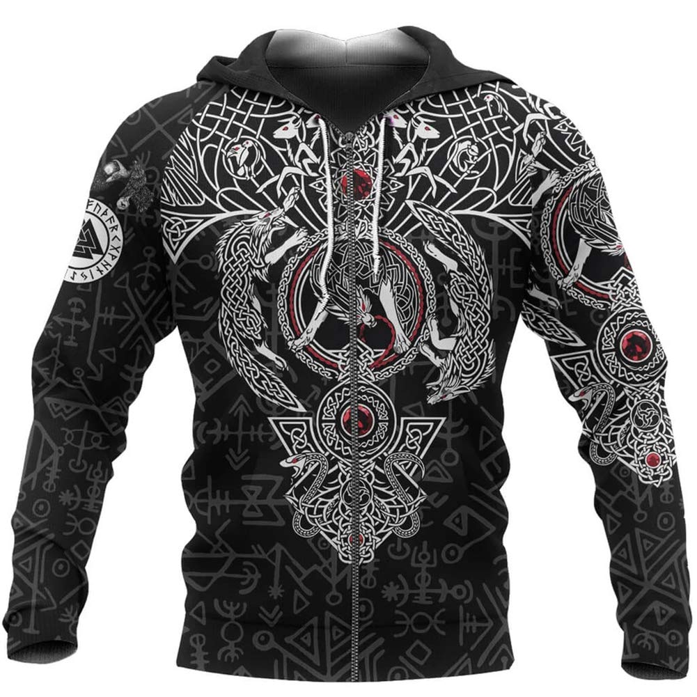 Sweat à capuche Viking pour homme noir décontracté imprimé Odin en taille M