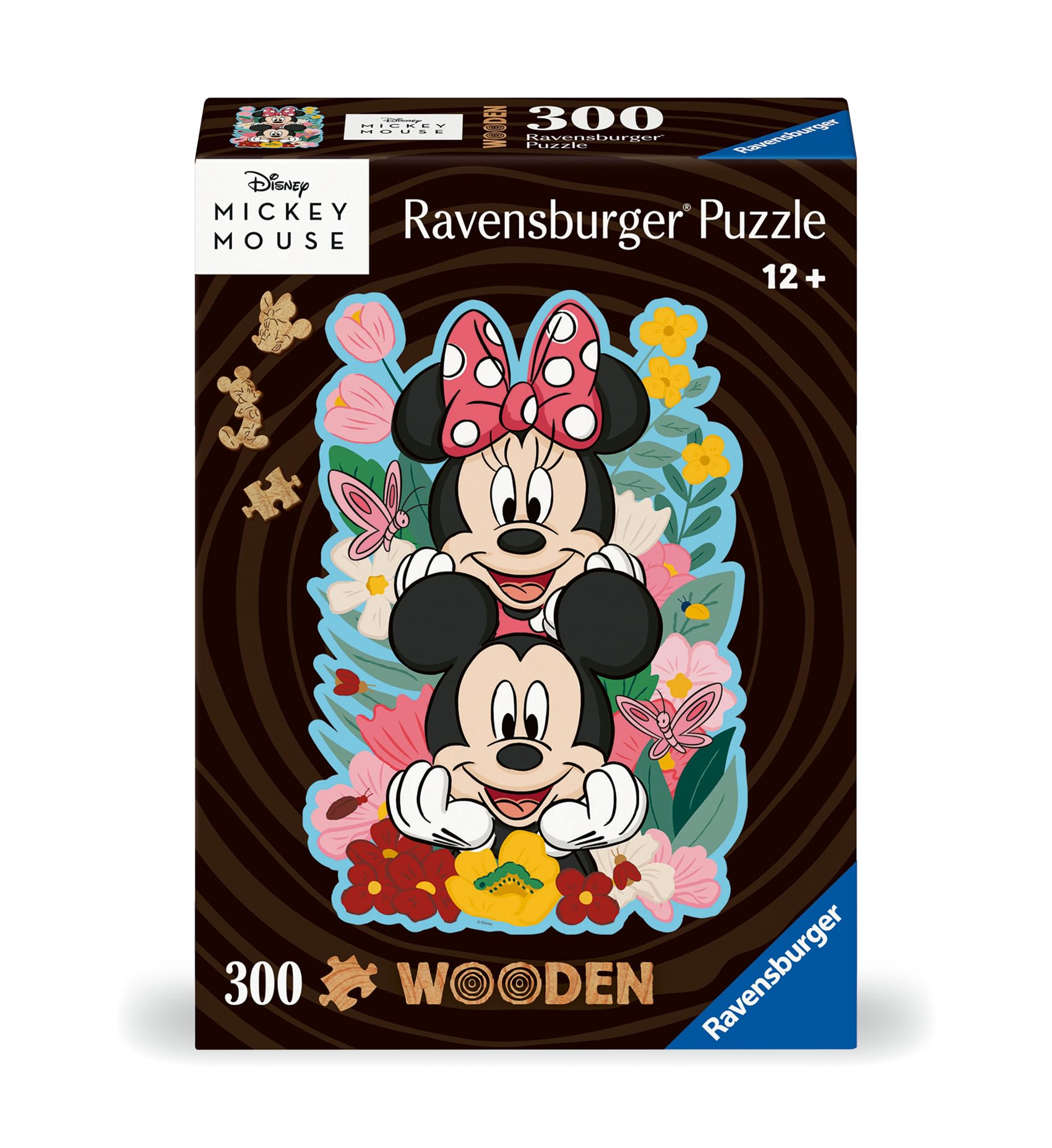 Ravensburger Wooden Puzzle 12000762 - Mickey & Minnie - 300 Teile Kontur-Holzpuzzle mit stabilen, individuellen Puzzleteilen und 25 kleinen Holzfiguren = Whimsies, für Disney-Fans ab 12 Jahren