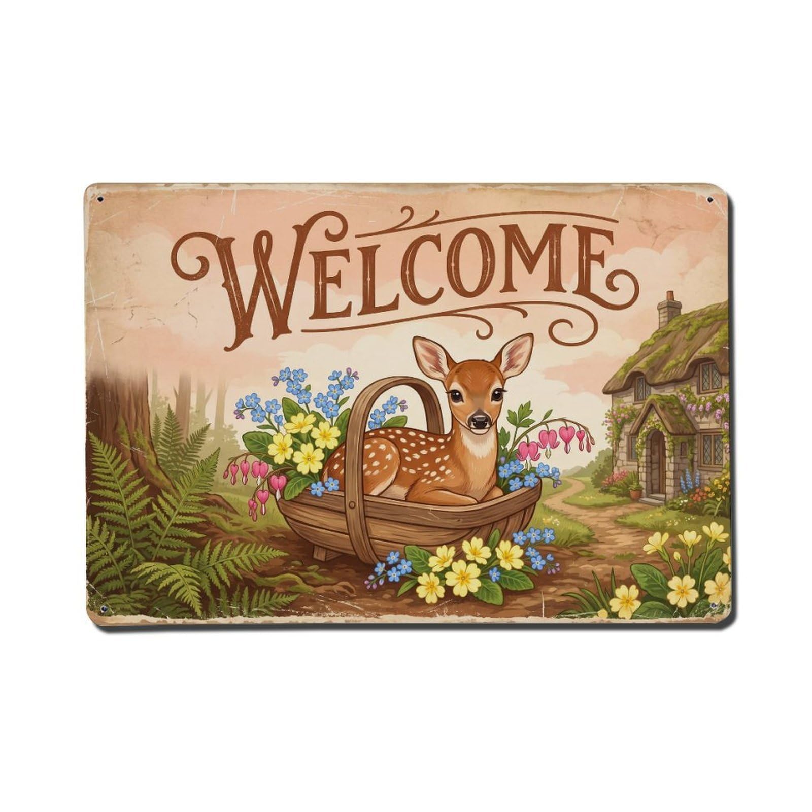 Vintage Welcome Fawn Woodland Friends Metal Tin Sign