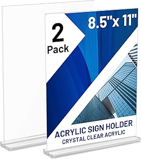 Acrylic Sign Holder 8.5 x 11 Inch Vertical T Shape Display Stand Double-Sided Desktop Clear Sign Holders Paper Holder Table Menu Holders Plastic Sign Stand for Home, Office, Restaurants, Store, 2-Pack