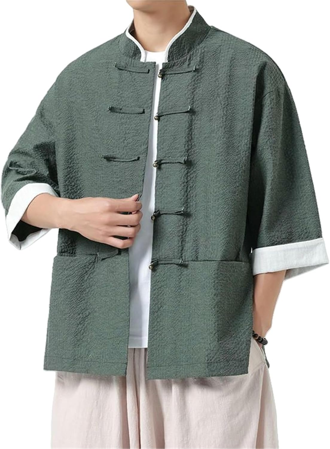 Men's Summer Loose Fit Chinese Style Zen Cotton Linen Stand Collar Frog Button 3/4 Sleeve Shirt Tang Suit