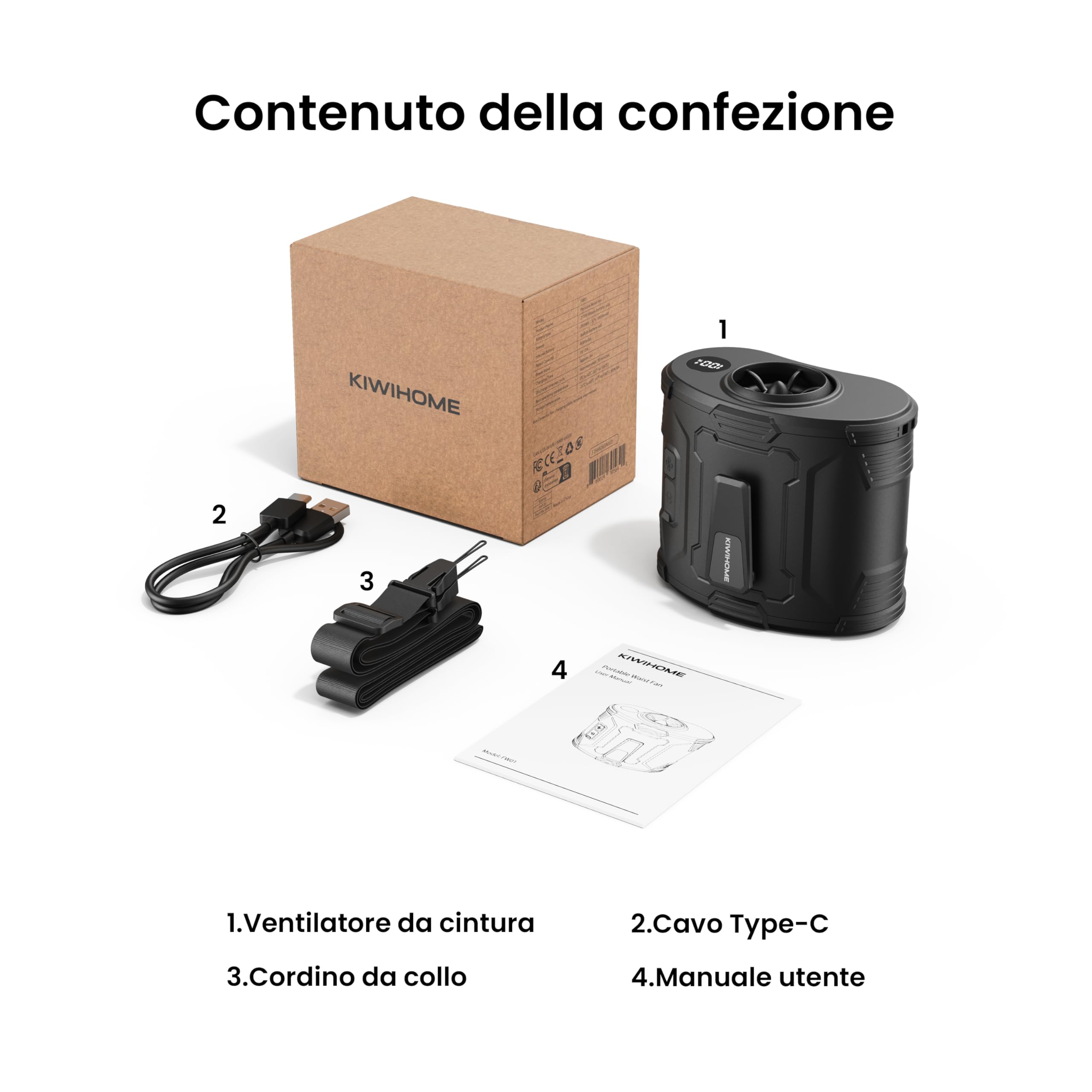 KIWIHOME Ventilatore da Cintura Portatile, Flusso d'Aria Ruotabile a 360° e Regolazione 10°, Ventilatore a Clip con Interruttore Fisico, 4-in-1 per Lavoro all'Aperto, Camping, Viaggi, Estate