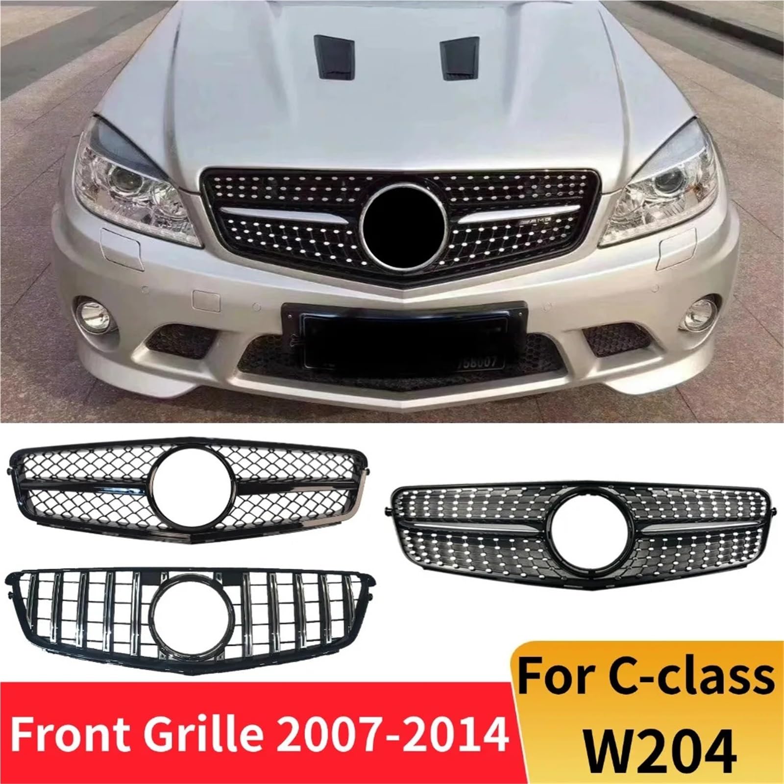 Przedni zderzak Grill Grill Tuning pasuje do Mercedes Benz C Klasa W204 2007-2014 C180 C200 C250 C300 AMG GT Diamond Style osłona chłodnicy(Diamond Silvery)