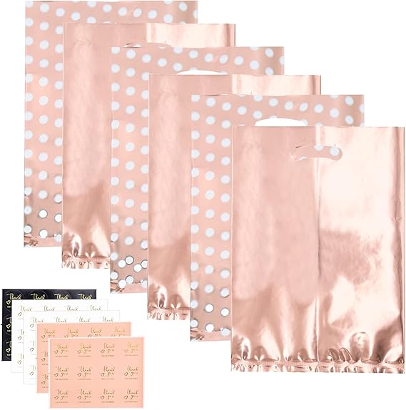 60Pcs Plastic Party Bags, Rose Gold Dot Goodie Bags Treat Bags with 60