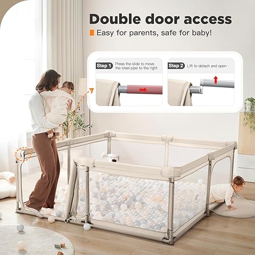 Miniatura 3 de Corralito plegable de 79 x 59 pulgadas para bebés y niños pequeños con puerta, corralito grande con puerta con cremallera, área de juego para bebés