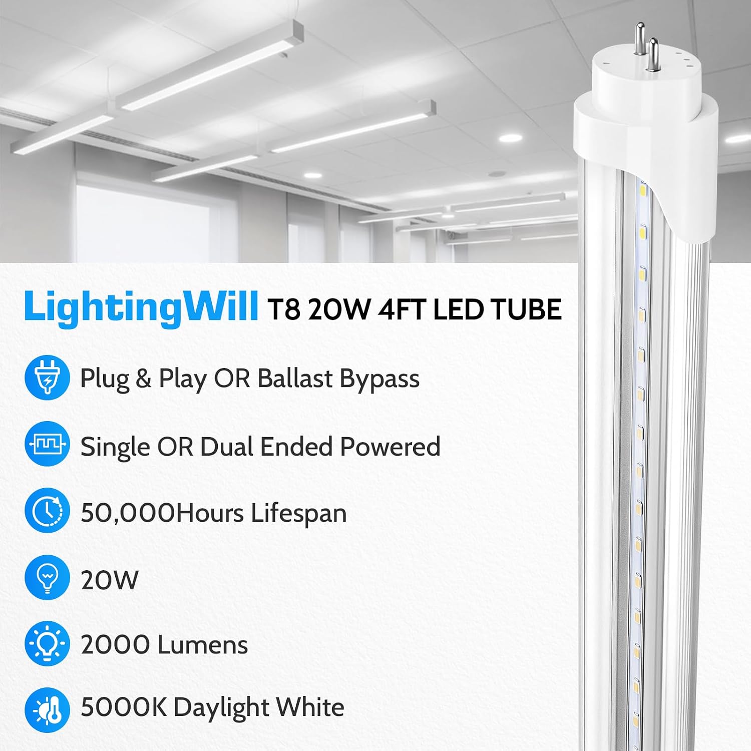 LightingWill 4FT T8 LED Tube Light, Hybrid Type A+B, Plug & Play or Ballast Bypass, Single-End or Dual-End Powered, 20W 2000 Lumens, 5000K Daylight White, Fluorescent Replacement, 4 Pack