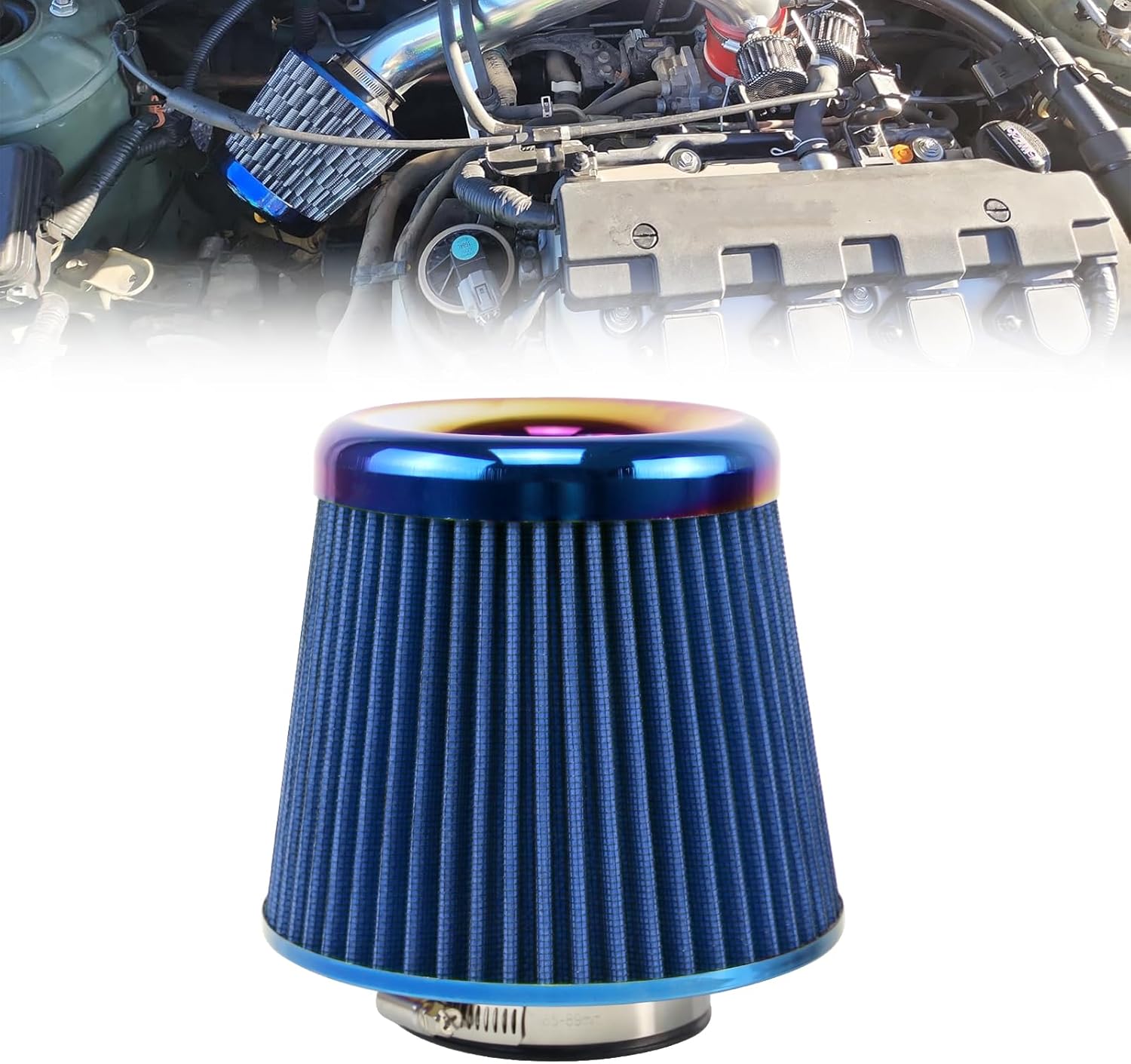 RULLINE 76mm 3" High Flow Round Tapered Cone Cool Air Filter Clamp-On Air Intake Filter Washable Replacement Air Filter Blue Burning Process Blue
