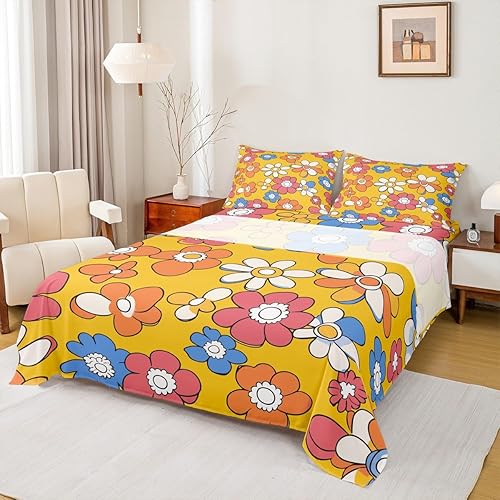 Lindo juego de ropa de cama retro con estampado de flores, tamaño Queen, juego de sábanas coloridas de Kawaii para dormitorio de niños y niñas,