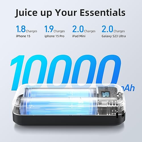 Miniatura 4 de MOKiN - Cargador portátil, 10000 mAh, 30 W, carga rápida, batería de teléfono con cable integrado, 4 salidas, cargador compacto de viaje USB C para