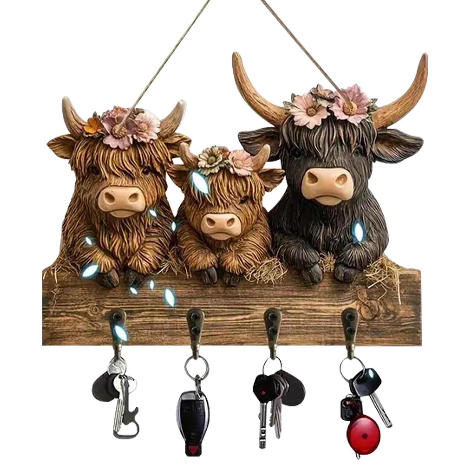 2D Flat Highland Cows Key Rack Holder for Wall Wooden Highland Cattle Ornaments Towel Hook Coat Hanger with 4 Hooks Wall Decorative Key Rack for Entryway Hallway Farmhouse