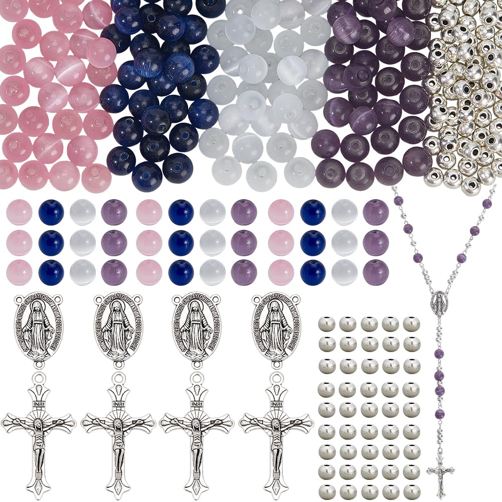 SUNNYCLUE Rosenkranz-Bastelset, Rosenkranz-Anhänger, Kreuzanhänger, Oster-Kruzifix, Anhänger, Kronleuchter, Komponenten, Glieder, 8 mm, Katzenaugen-Perlen für Schmuckherstellung, Zubehör, DIY