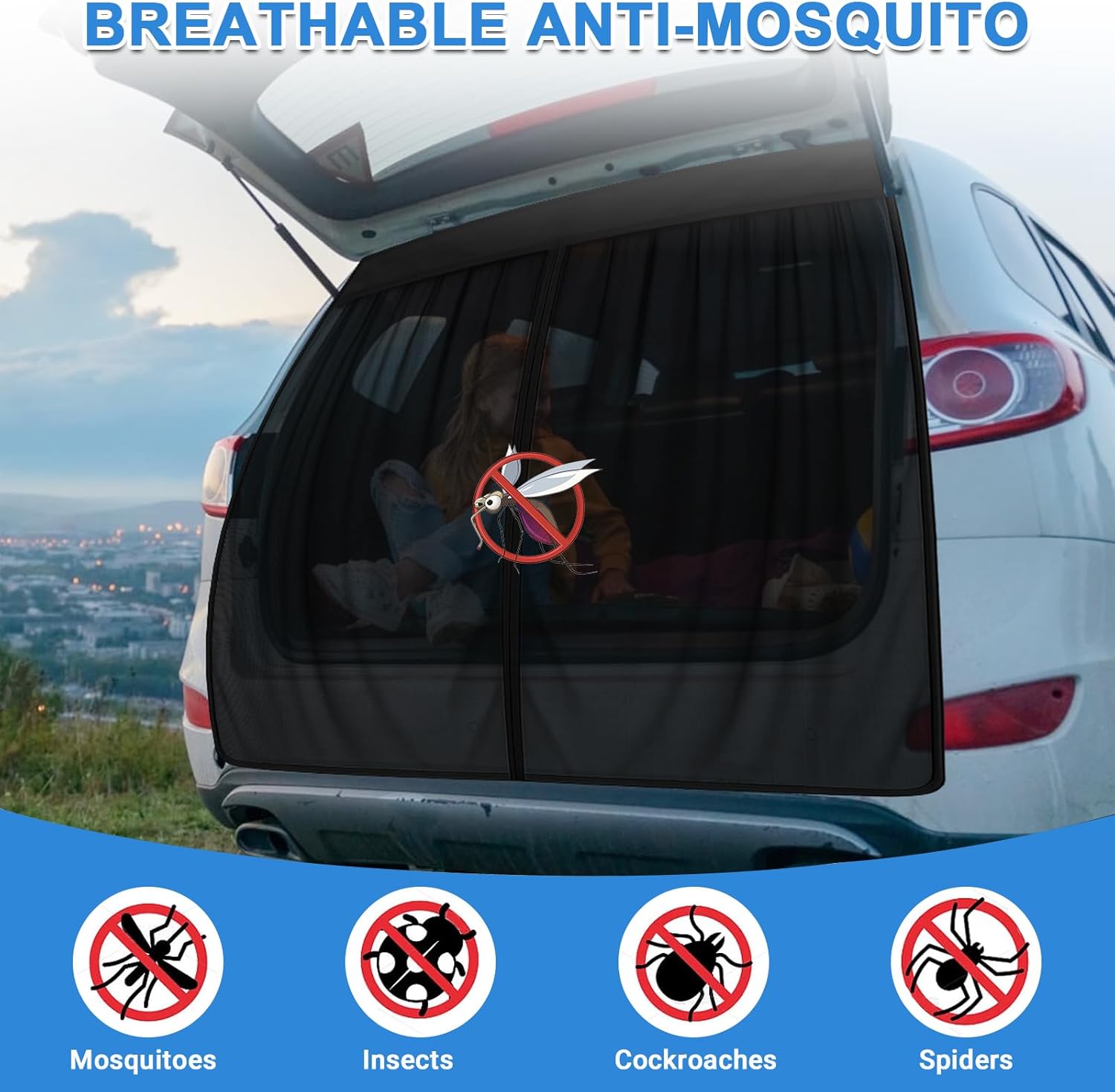 Magnetic Vans Bug Screen Nets, Universal SUV Minivan Tailgate Back Door Mosquito Net, with Magnetic Closure for SUV Back Door Bug Mesh with Zipper-63 inch(H) X 60 inch(W)