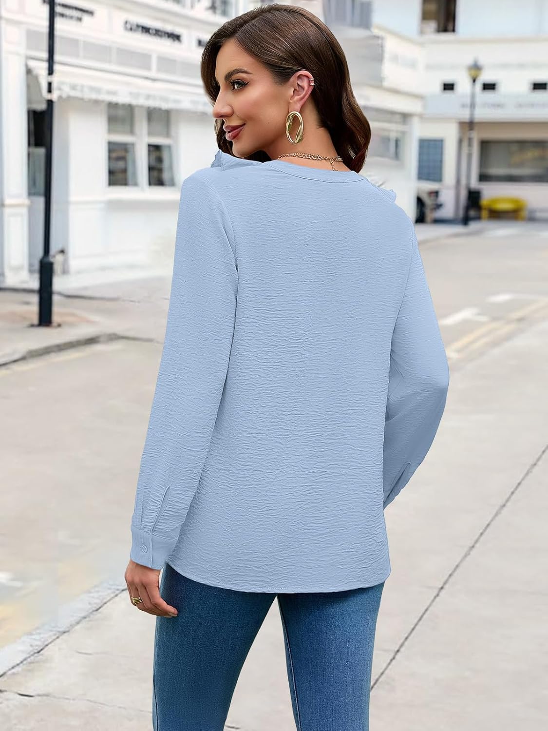 Womens Button Down Shirt Long Sleeve Tops V Neck Ruffle Blouses Casual Business Work Solid Textured Clothes 2025 - Image 3
