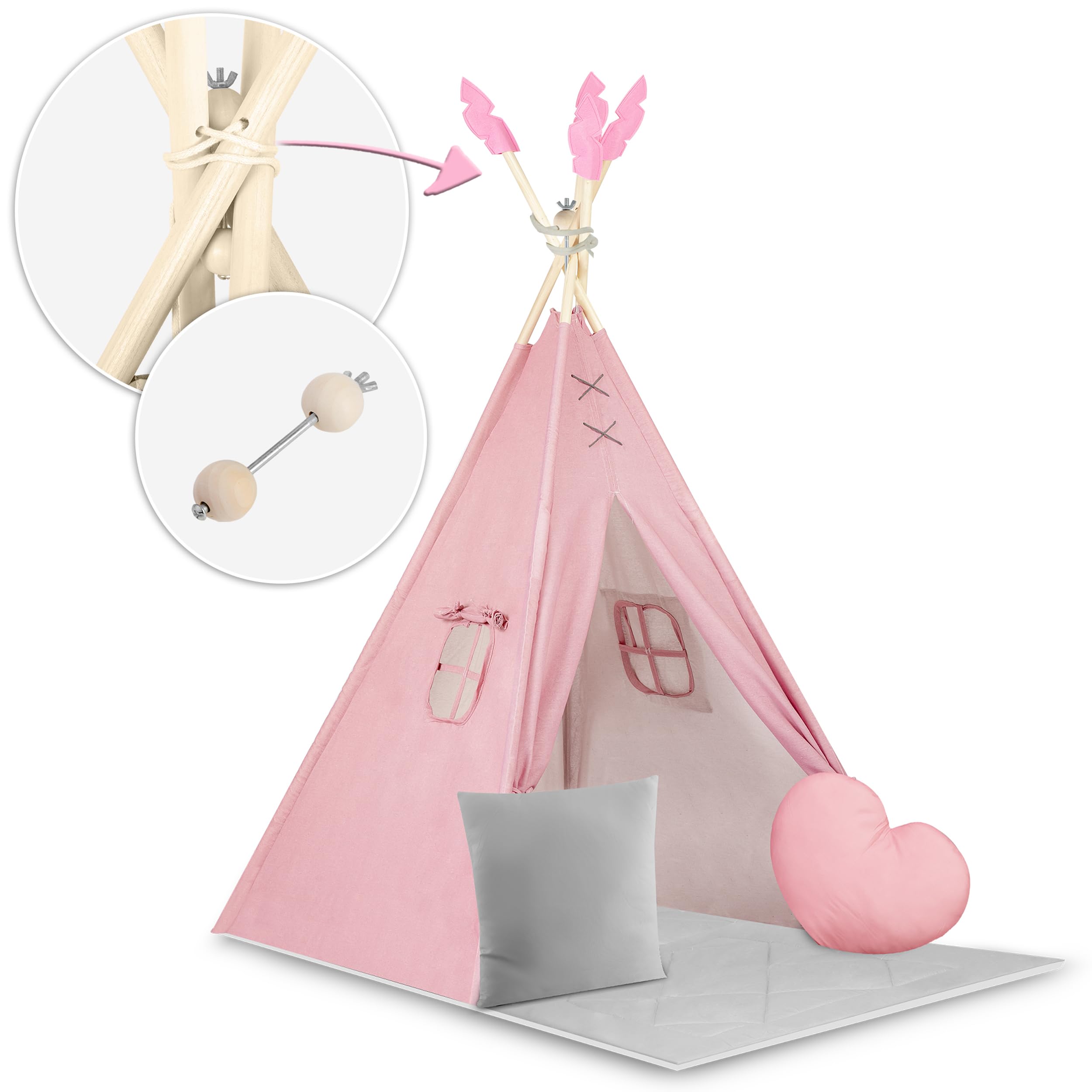 Nukido namiot dla dzieci tipi teepee wigwam z girlandą, poduszkami, dużą matą i stabilizatorem różowo-szary