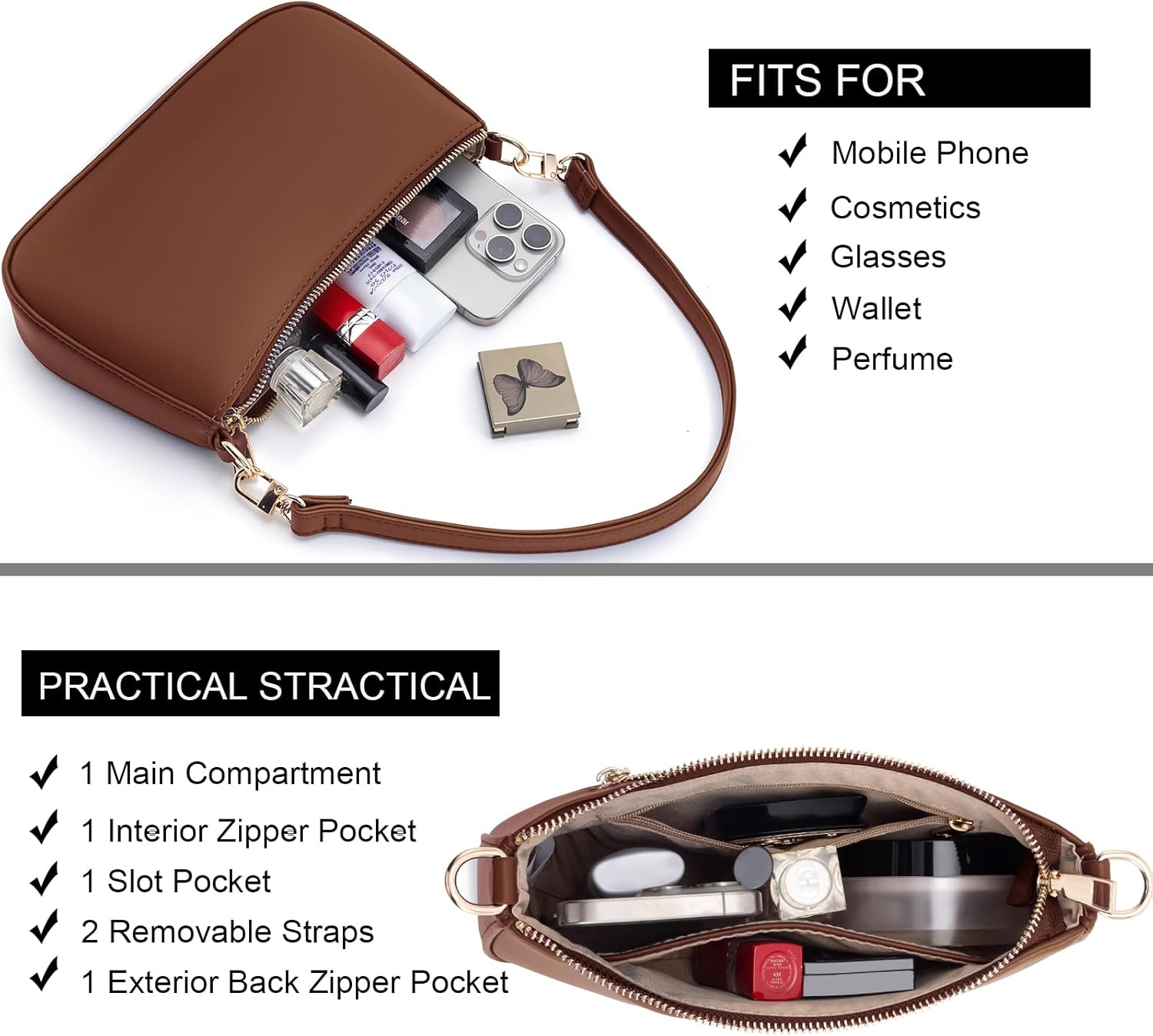 NIUEIMEE ZHOU Shoulder Bag for Women Retro Vegan Leather Classic Clutch Tote HandBags Purses with Zipper Closure - Image 5