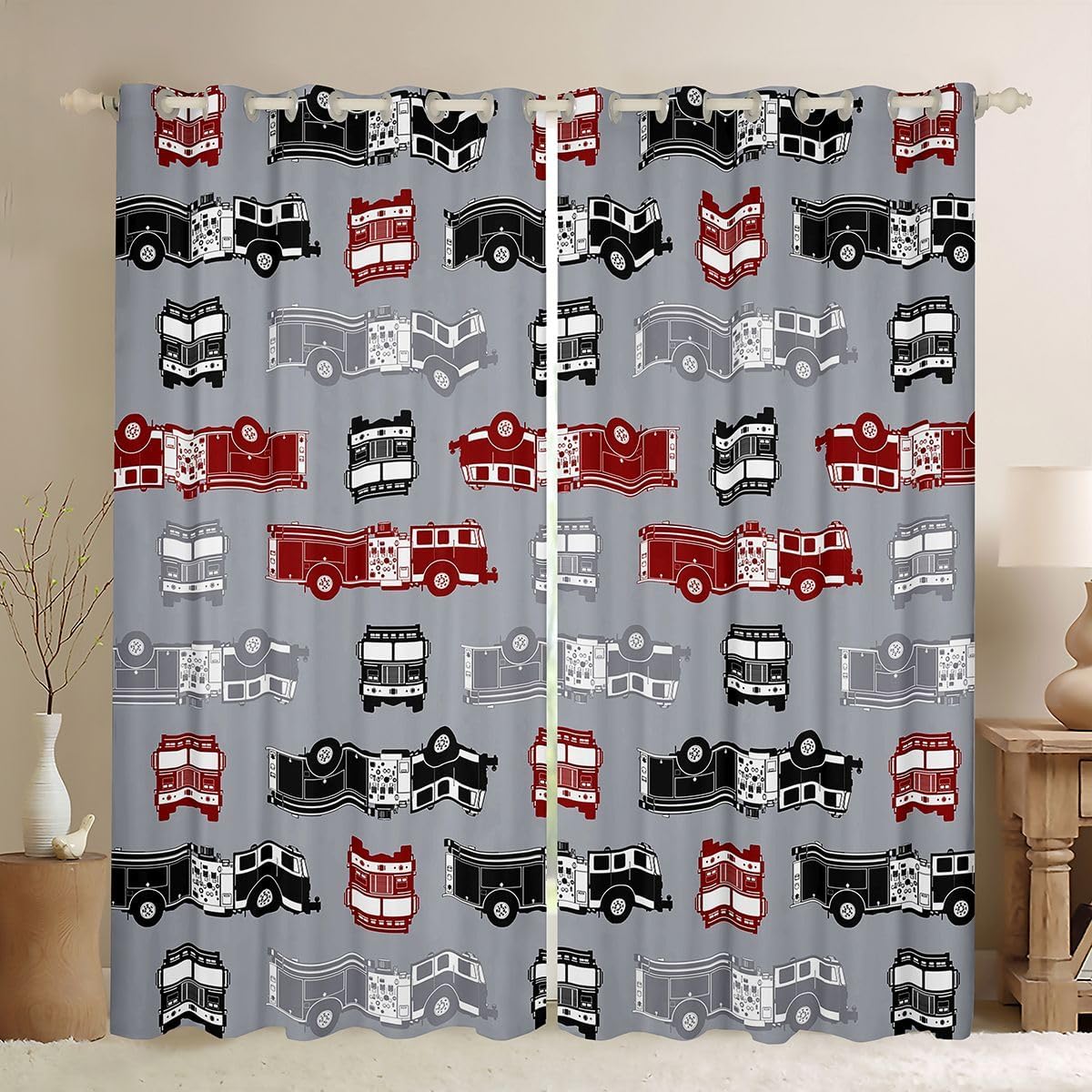 Erosebridal Vehicles Window Curtains Boys Fire Truck Curtains 76"X54",Fire Rescue Car Window Treatment for Child Youth Man,Fire Engine Draperies Fire Fighting Vehicle Kids Car Theme Room Decor Grey