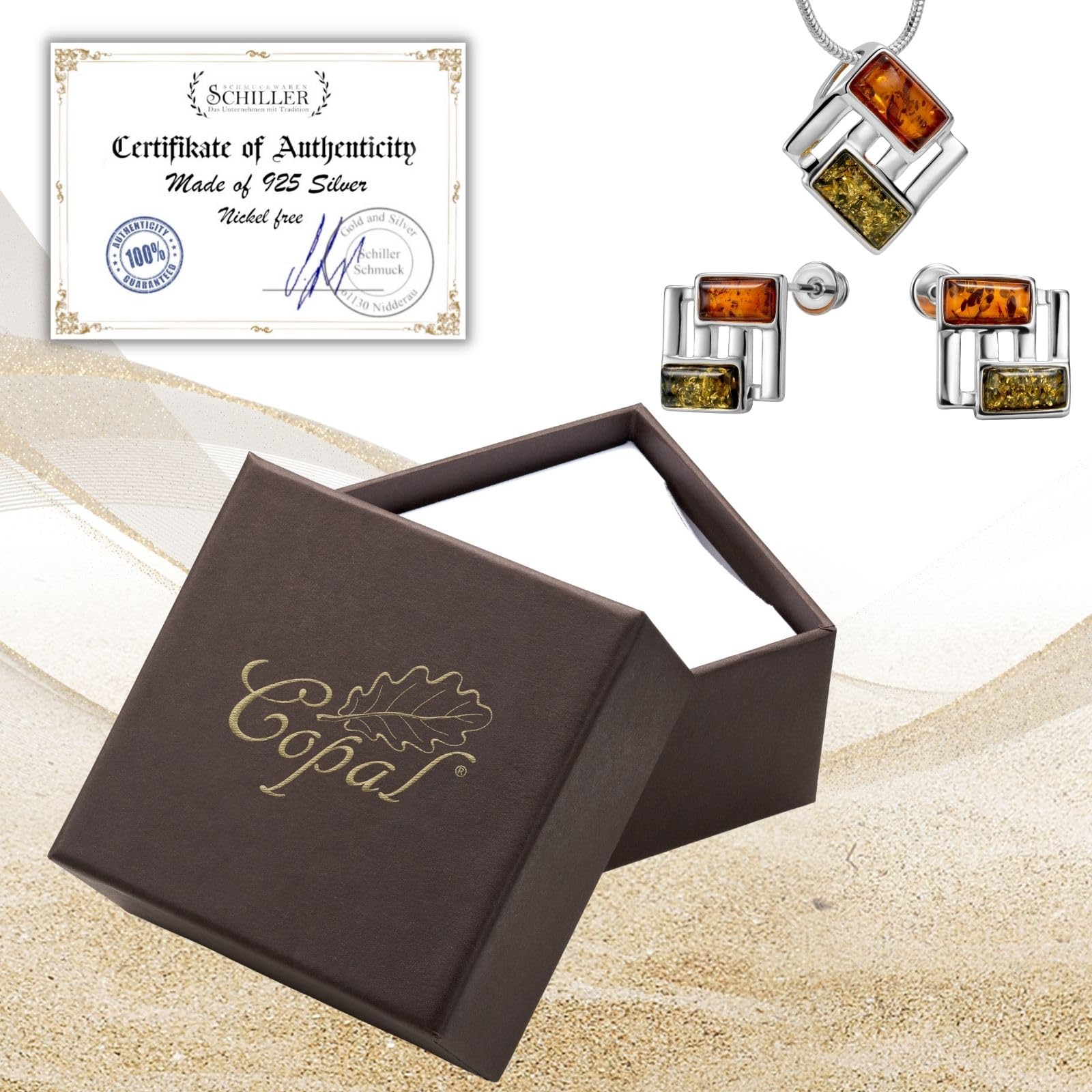 Copal Bernstein Schmuckset Mit Sterling Silber Rechteckiger Anhänger