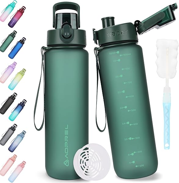 AOPREL Trinkflasche 1l, Trinkflasche Sport Tritan & BPA-Frei Wasserflasche Mit Filter und Bürste, Auslaufsicher Sportflasche Für Fitness, Wandern, Camping, Schule und Büro - 1