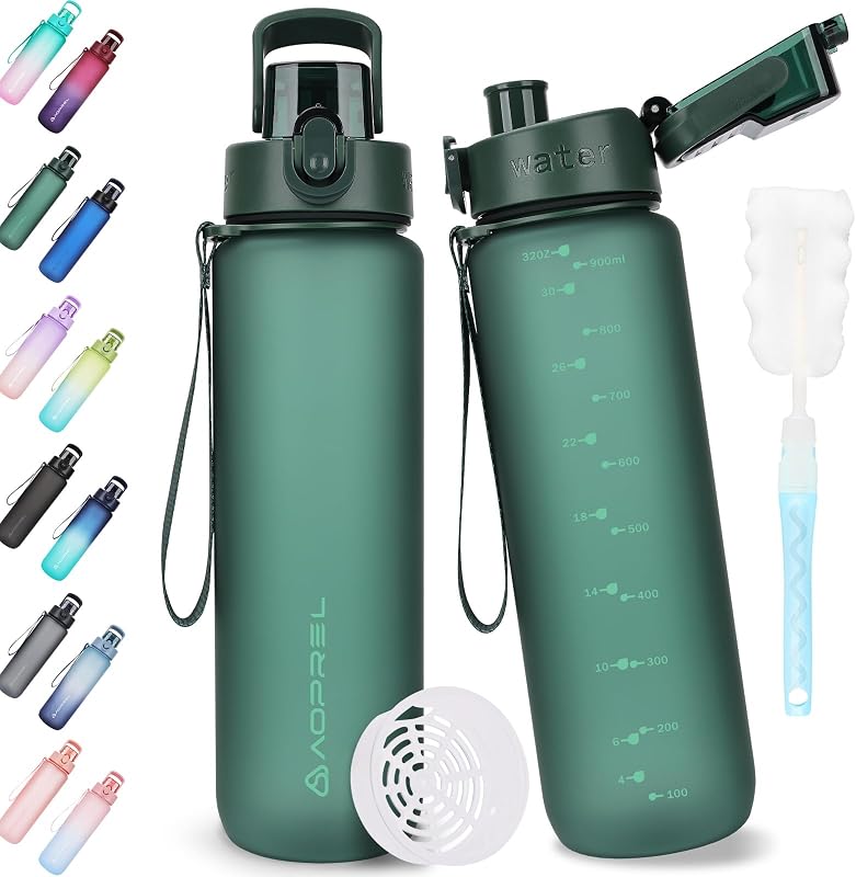 AOPREL Trinkflasche 1l, Trinkflasche Sport Tritan & BPA-Frei Wasserflasche Mit Filter und Bürste, Auslaufsicher Sportflasche Für Fitness, Wandern, Camping, Schule und Büro