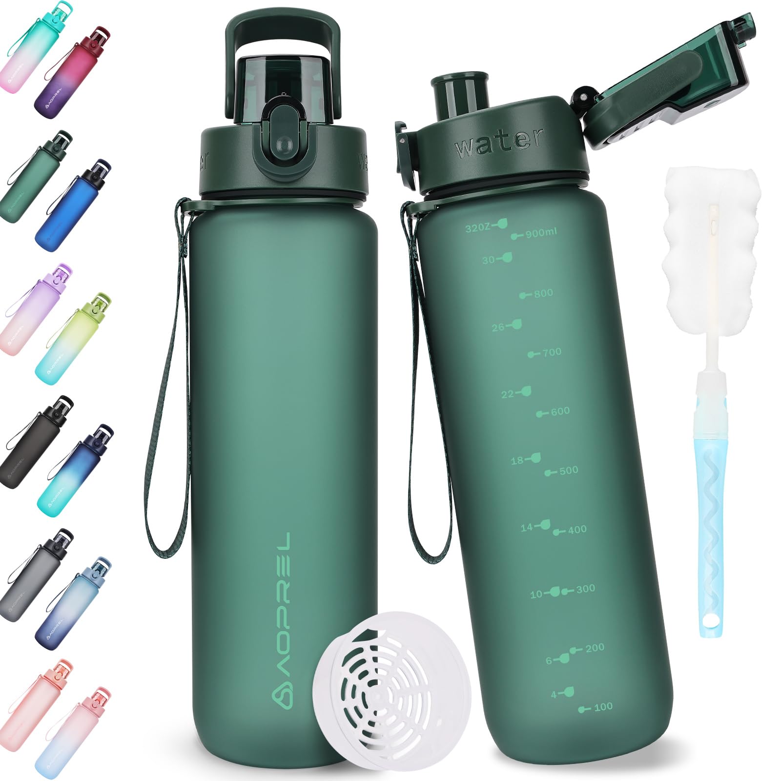 AOPREL Trinkflasche 1l, Trinkflasche Sport Tritan & BPA-Frei Wasserflasche Mit Filter und Bürste, Auslaufsicher Sportflasche Für Fitness, Wandern, Camping, Schule und Büro
