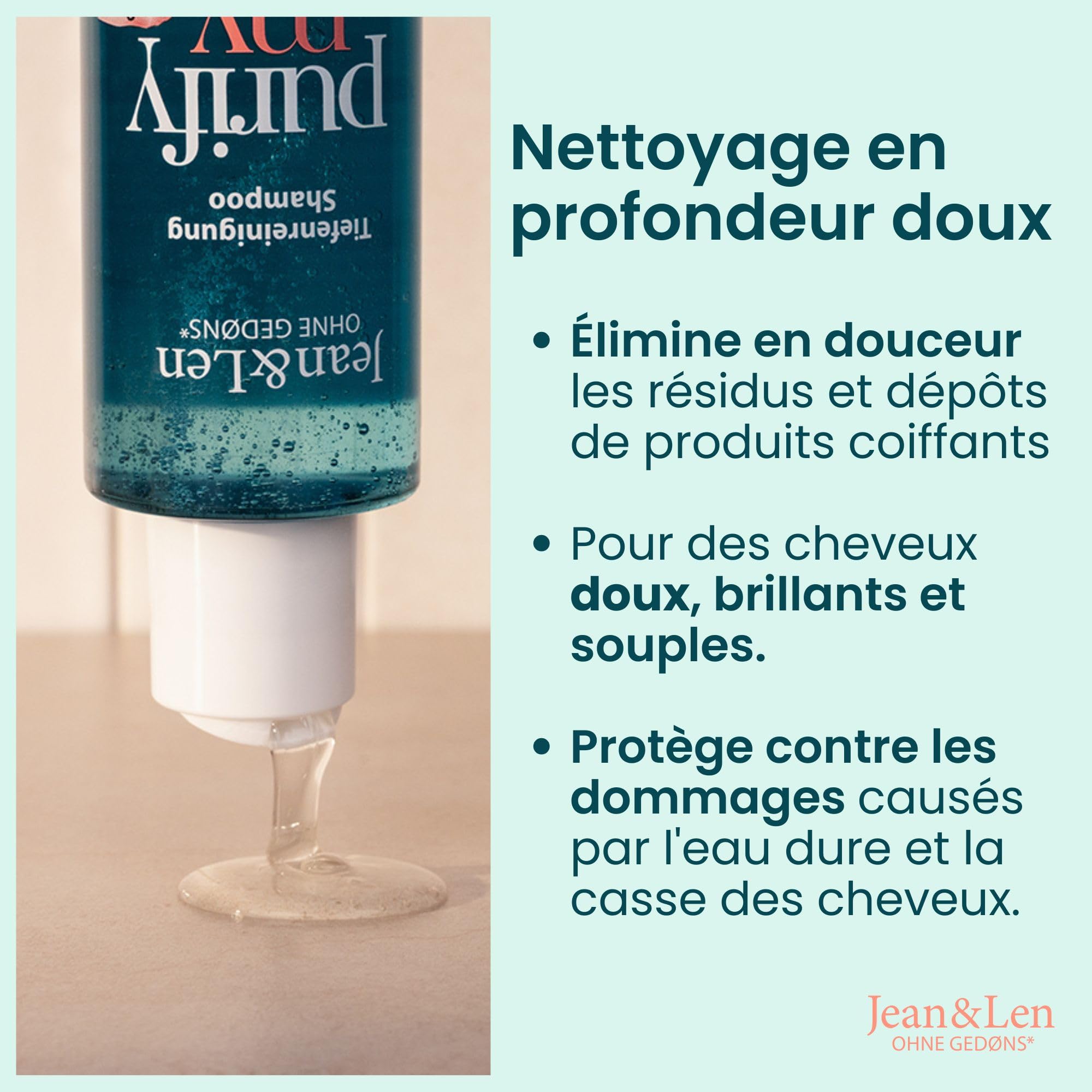 Jean & Len Shampooing Pamplemousse Rose & Spiruline, nettoie cheveux & cuir chevelu en profondeur, élimine sébum & résidus, protège de la casse, sans silicones & parabènes, végane, 300 ml