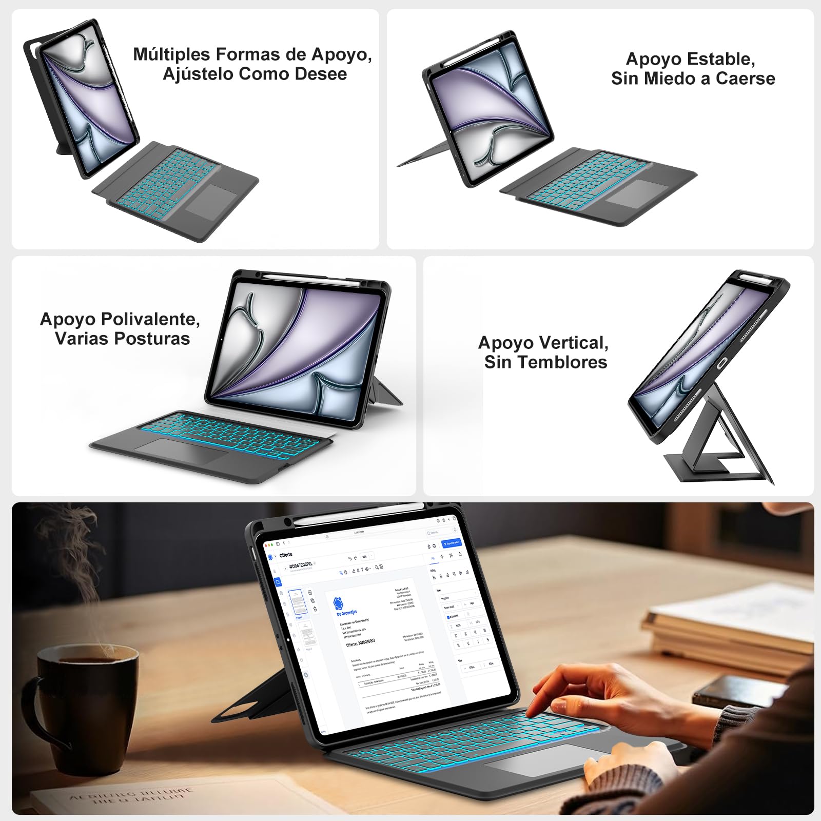 Funda Teclado para iPad Air 13'' M4 2026/M3 2025/M2 2024, Negro | Teclado Touchpad Retroiluminado para iPad Air 13 inch, Funda para iPad Pro 12.9'' 6/5/4/3 con Teclado Bluetooth Inalámbrico