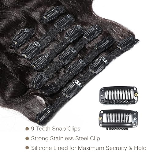 Miniatura 3 de Urbeauty - Extensiones de cabello humano ondulado con clip, 7 unidades por set, #1B (negro natural).