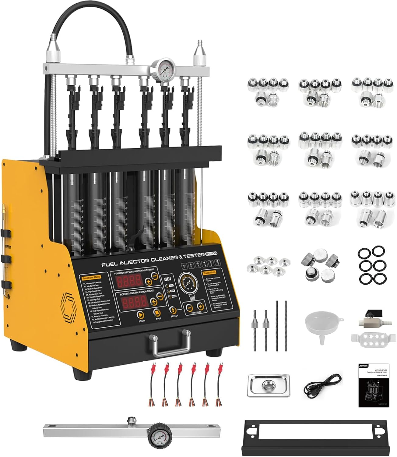 CT400 Fuel Injector Cleaner Tester Machine 6 Cylinders Upgraded Ultrasonic Car Fuel Injectors Cleaning Machine GDI, EFI, FSI Fuel Injection Systems Cleaner Kit 12V/70V/120V