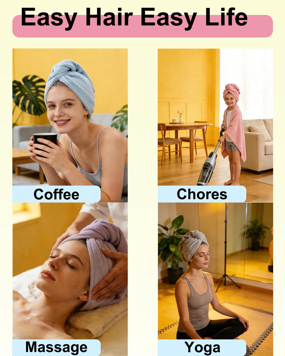 Lumimi Toalla de baño para el cabello presecado, paquete de 2 unidades, secado rápido, súper absorbente, ligera, turbante con botón de secado de cabello, envoltura de ducha, bienestar de ducha, color