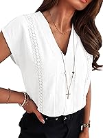 ANRABESS Women's Short Sleeve V-Neck Lace Trim Blouse - Casual Summer Boho Tops, Loose Fit Dressy Shirts for Office & Beach