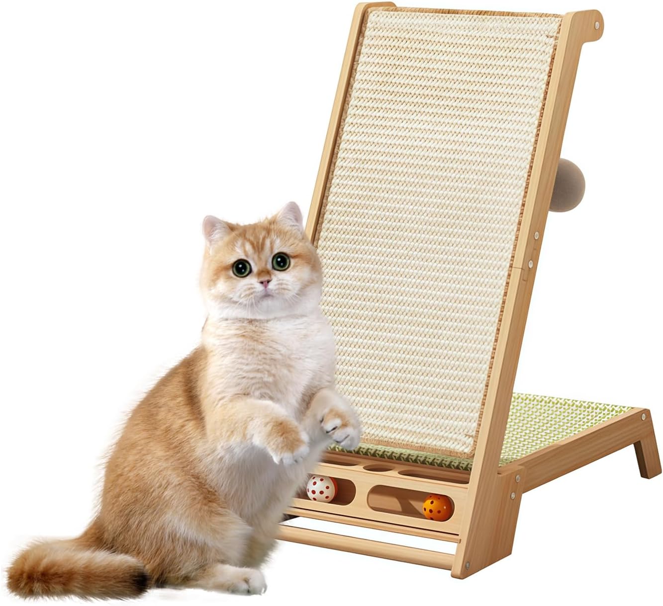 Sisal Cat Scratcher Ramp Lounge for Indoor Cats 67° Angle L-Shaped Scratching Post with Bell Toy for Stretching Natural Fiber Protects Furnitur