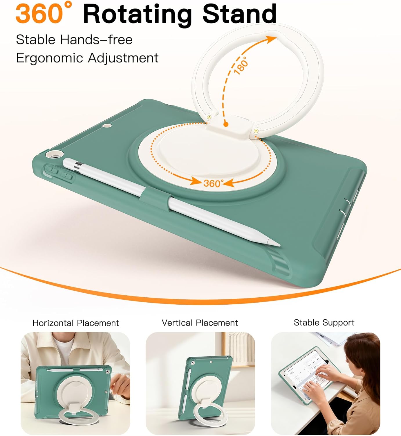 BATYUE Shockproof Case for iPad 7th/8th/9th Gen 2019/2020/2021 | 360° Multi-Angle Stand (Portrait & Landscape) & Grip, Built-in Screen Protector, Pencil Holder, Jade Green